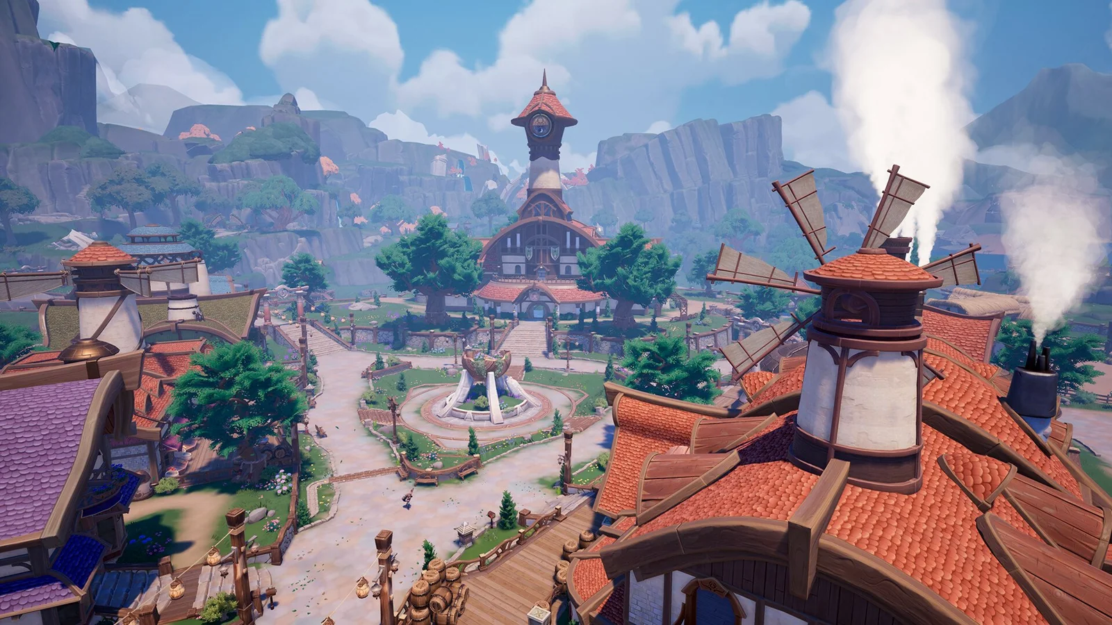 Palia gameplay view of Kilima Village with the windmill, fountain and clock tower — the world the Fentry menu runs in