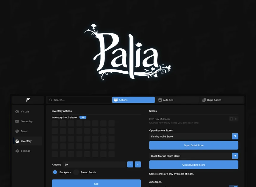 Palia inventory and store tools menu: slot selector, item buy multiplier, remote guild and black market stores, auto sell and auto open