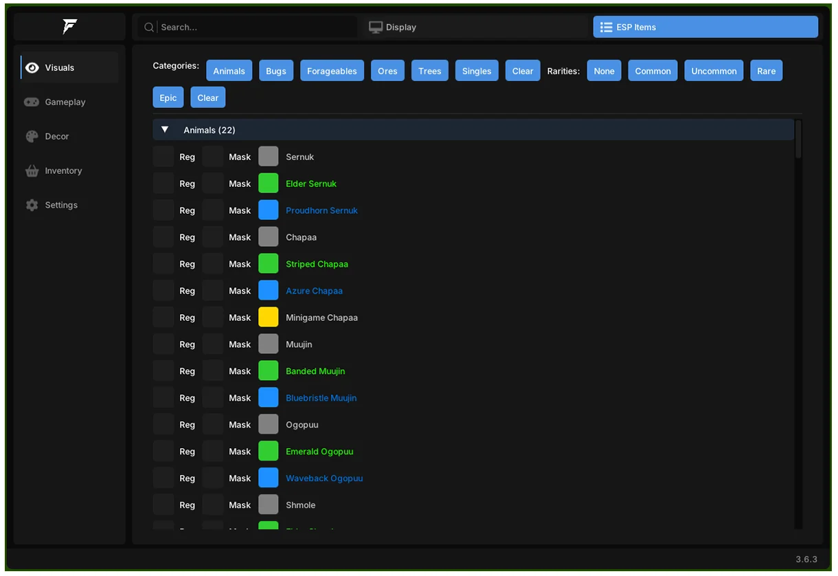 Palia ESP items menu filtering animals, bugs, forageables, ores and trees by category and rarity with per-item toggles