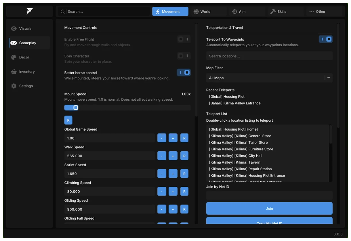 Palia Fentry cheat menu panel with the Visuals, Gameplay, Decor, Inventory and Settings sidebar sections
