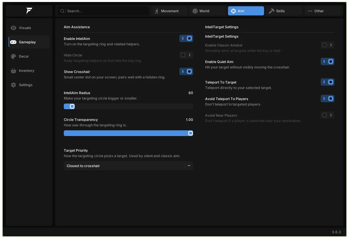Palia Fentry cheat menu with the settings search bar and tab navigation across every cheat category