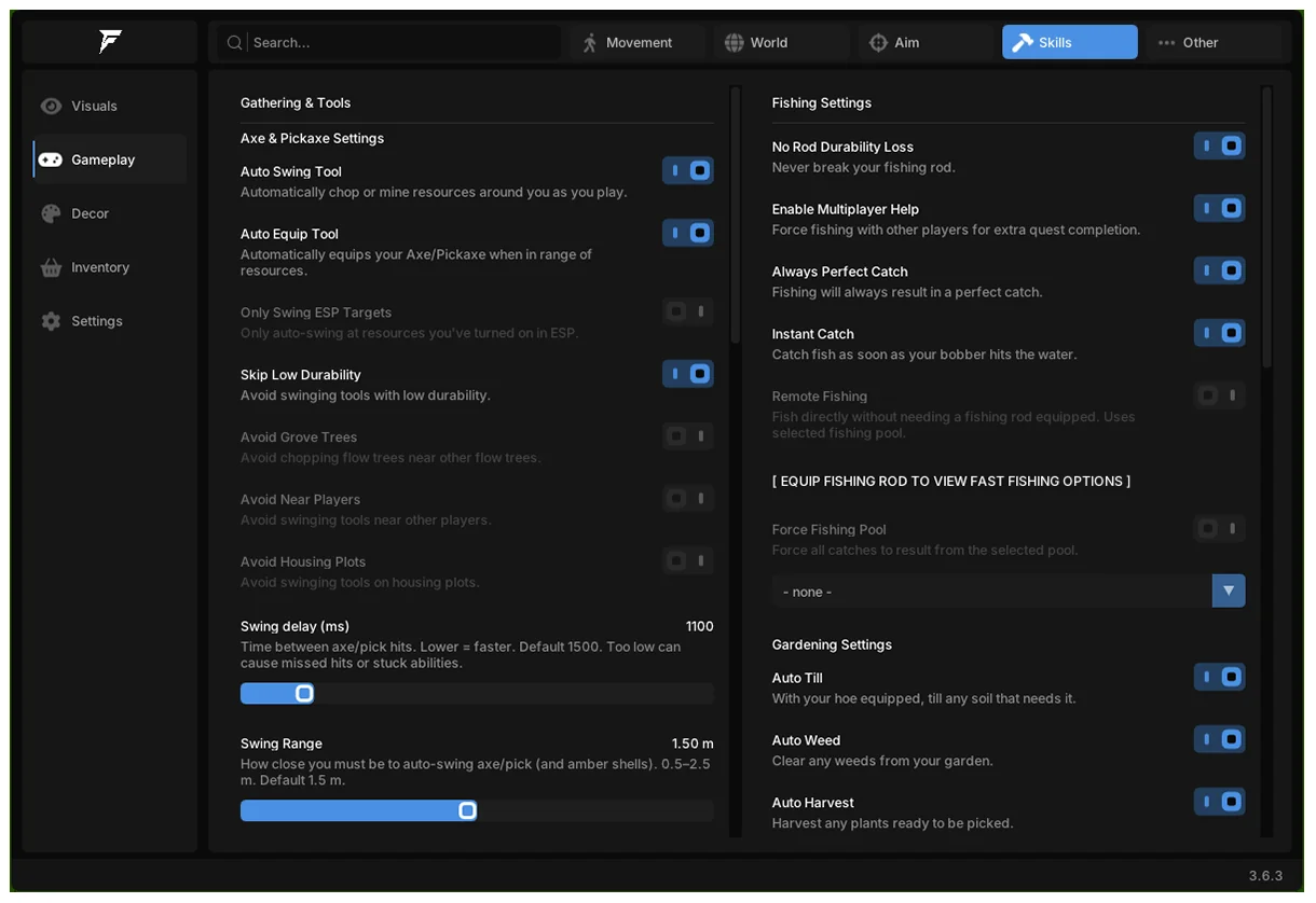 Palia Fentry cheat settings panel showing toggles and sliders for the selected menu category