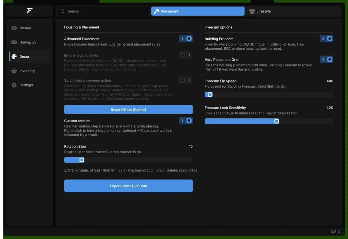 Palia Fentry cheat menu over the game background with the active feature configuration on screen